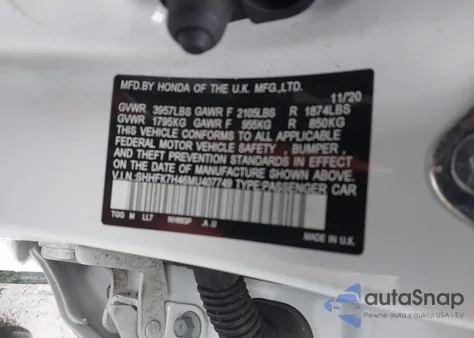 2021 Honda Civic Sport из США, поврежденный, VIN SHHFK7H46MU407749